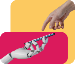 mano humana tratando de tocar mano de robot que tiene en mano un celular.